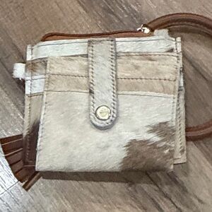 New Neutral Cowhide Wristlet Bag with Tan Leather Trim